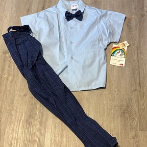 Blue Plaid Shirt and Pants Set with Bow Tie